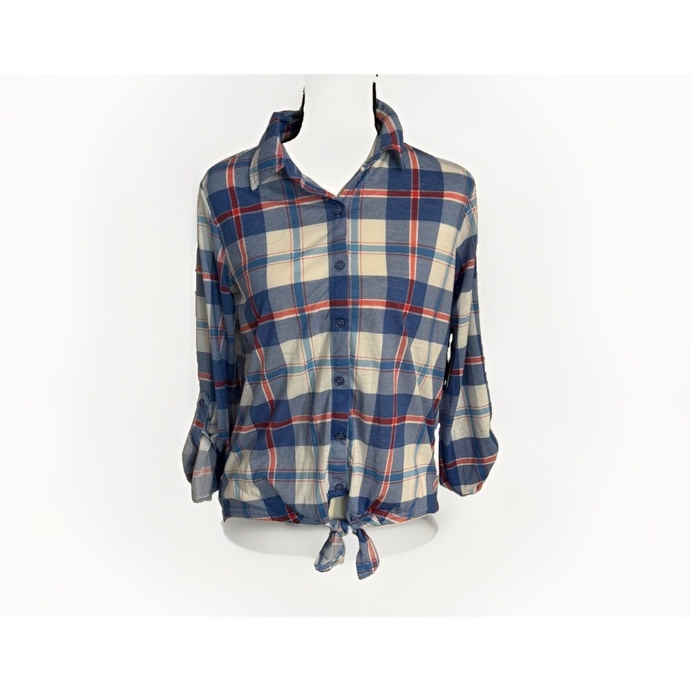 NWT Plaid Tie Front Button Up Shirt Blue Red Size Small